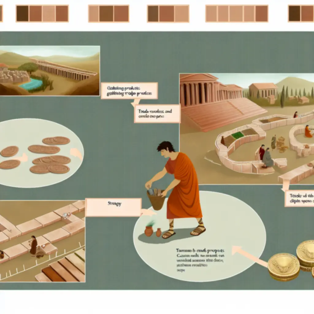 Diagram illustrating the core turn sequence: Gather Trade Goods, Move Your Merchant, and Sell for Denarii