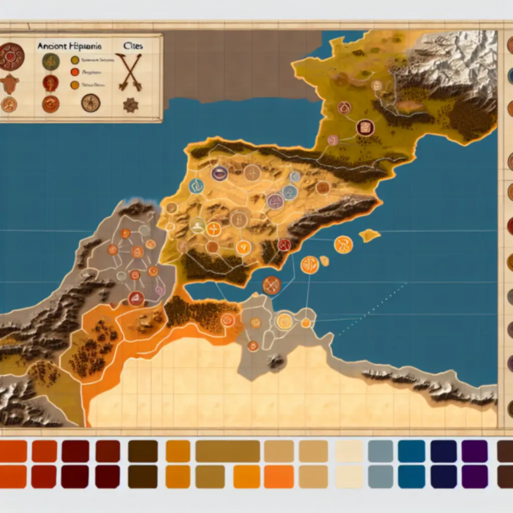 Hispania map with geographic callouts and city variations